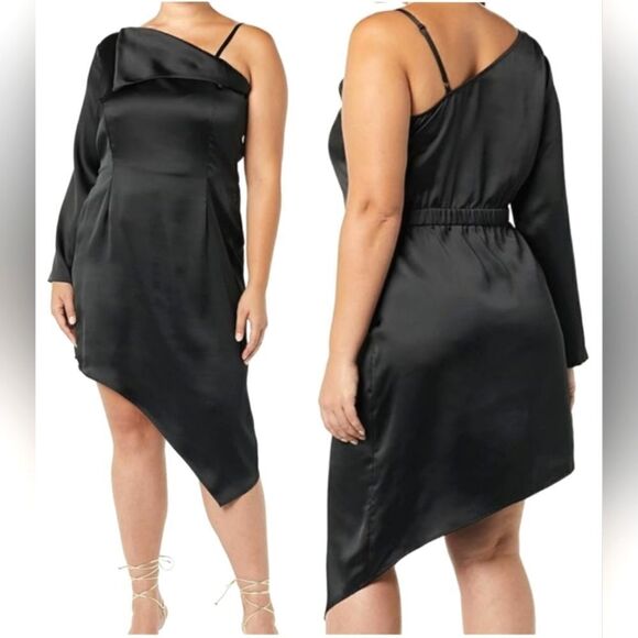 Making The Cut Black Satin Asymmetrical Midi Dress One Sleeve Plus Size 2X - Picture 1 of 7